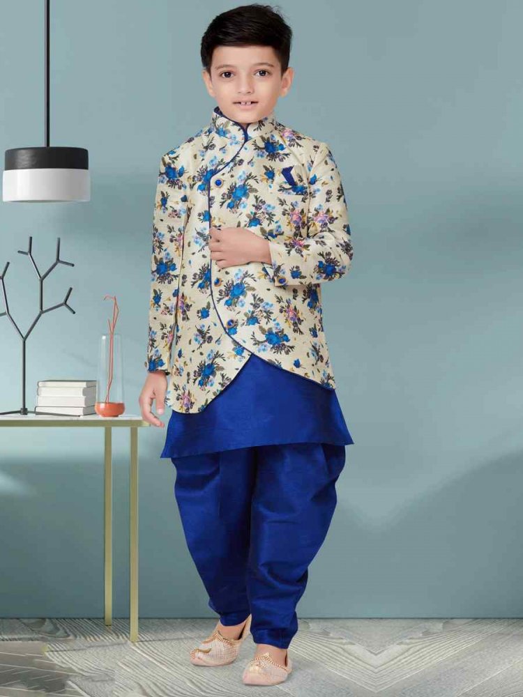 Royal Blue Jacquard Silk Dupion Floral Party Festival Kurta Dhoti Boys Wear