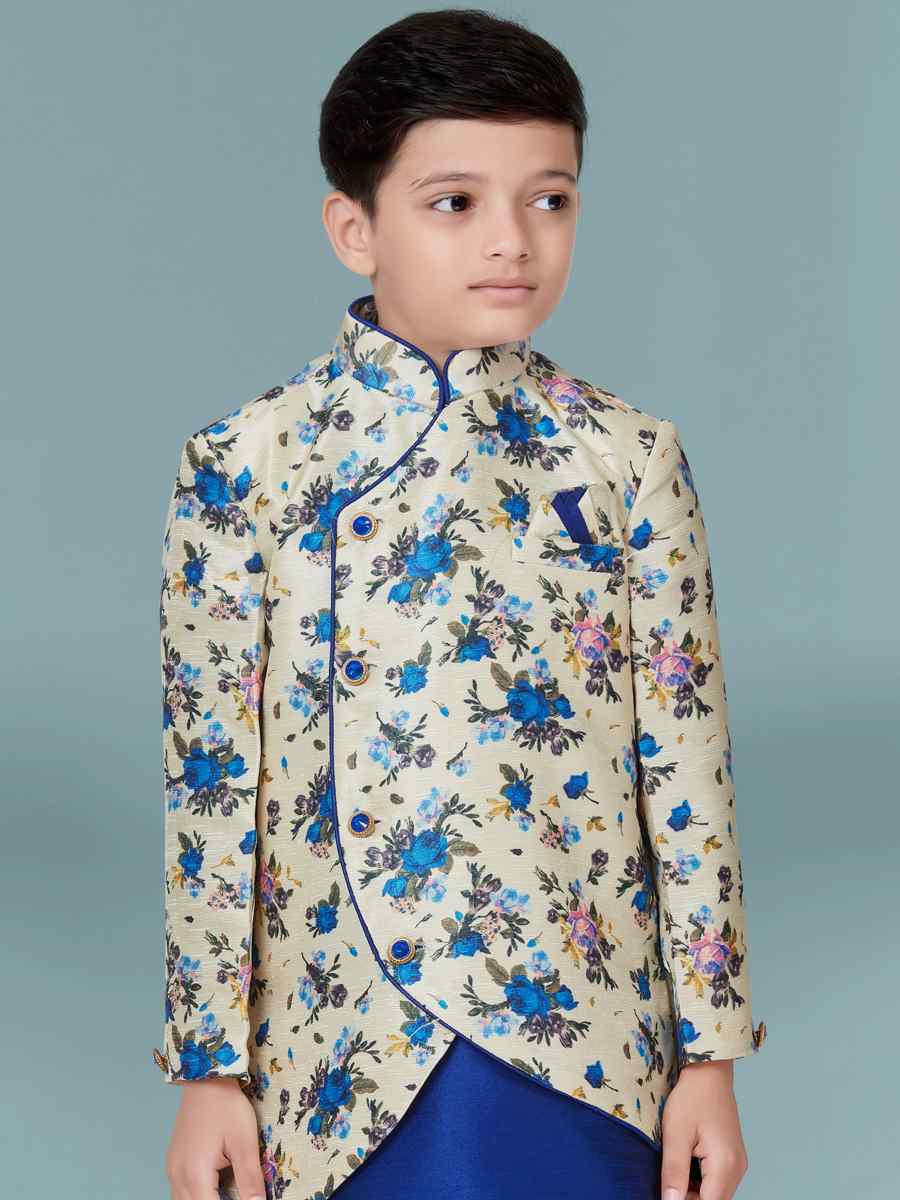 Royal Blue Jacquard Silk Dupion Floral Party Festival Kurta Dhoti Boys Wear