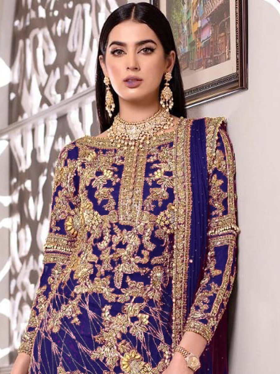 Royal Blue Net Embroidered Festival Party Pant Salwar Kameez