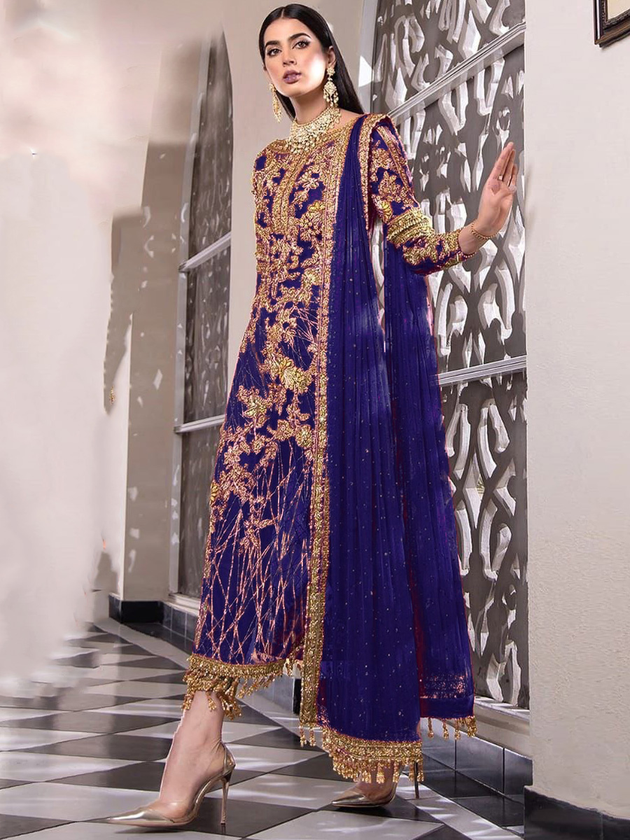Royal Blue Net Embroidered Festival Party Pant Salwar Kameez