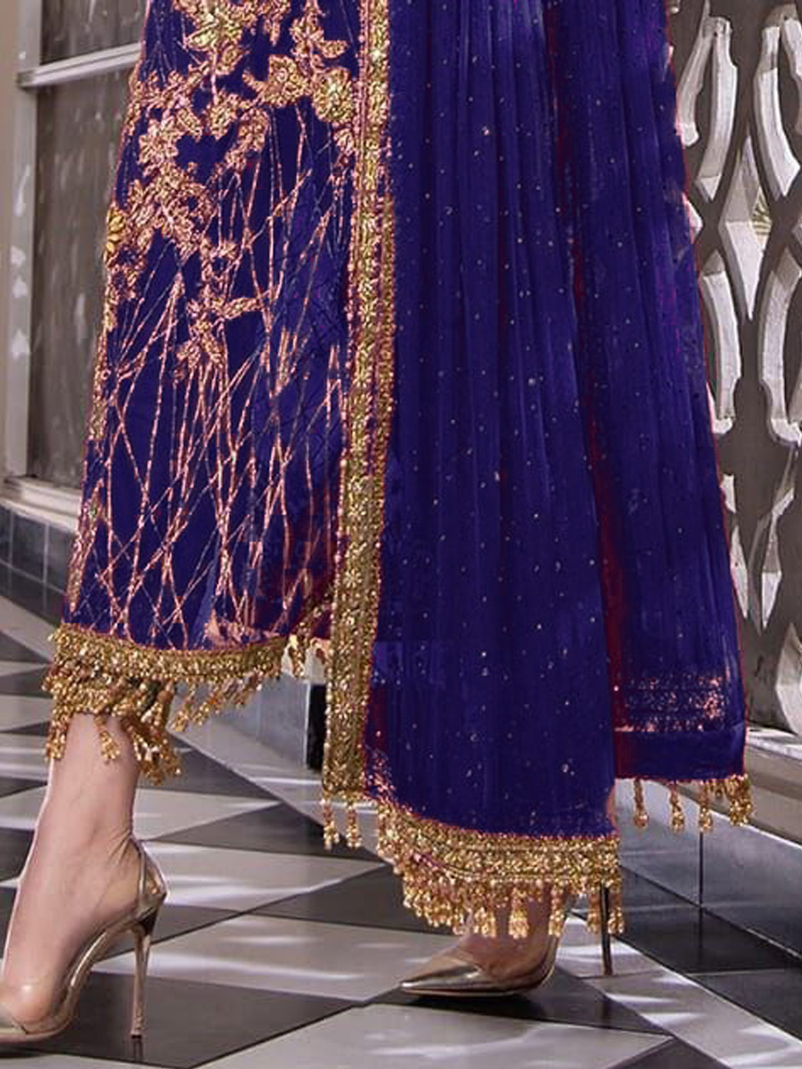 Royal Blue Net Embroidered Festival Party Pant Salwar Kameez