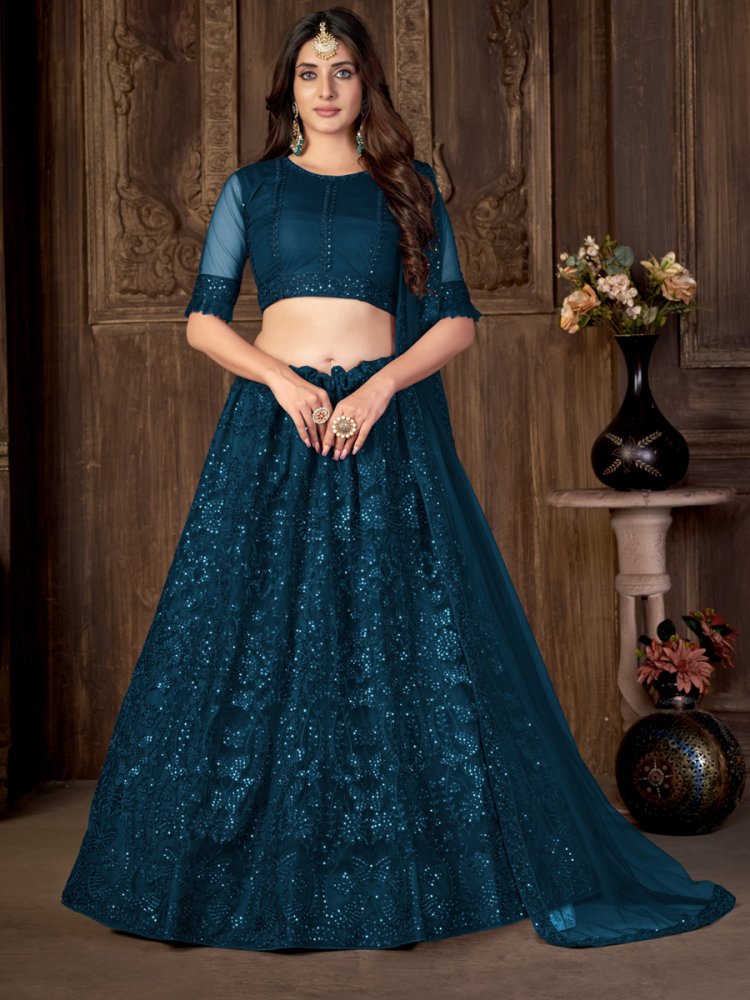 VELVET PUSHPA NAVY BLUE LEHENGA