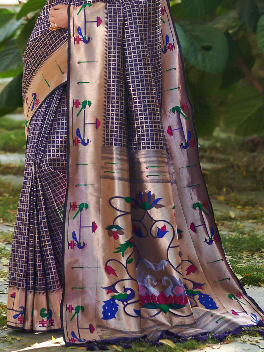 Royal Blue Paithani Silk Handwoven Wedding Festival Heavy Border Saree