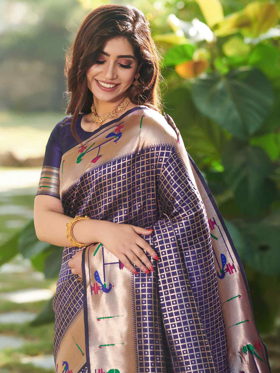 Royal Blue Paithani Silk Handwoven Wedding Festival Heavy Border Saree