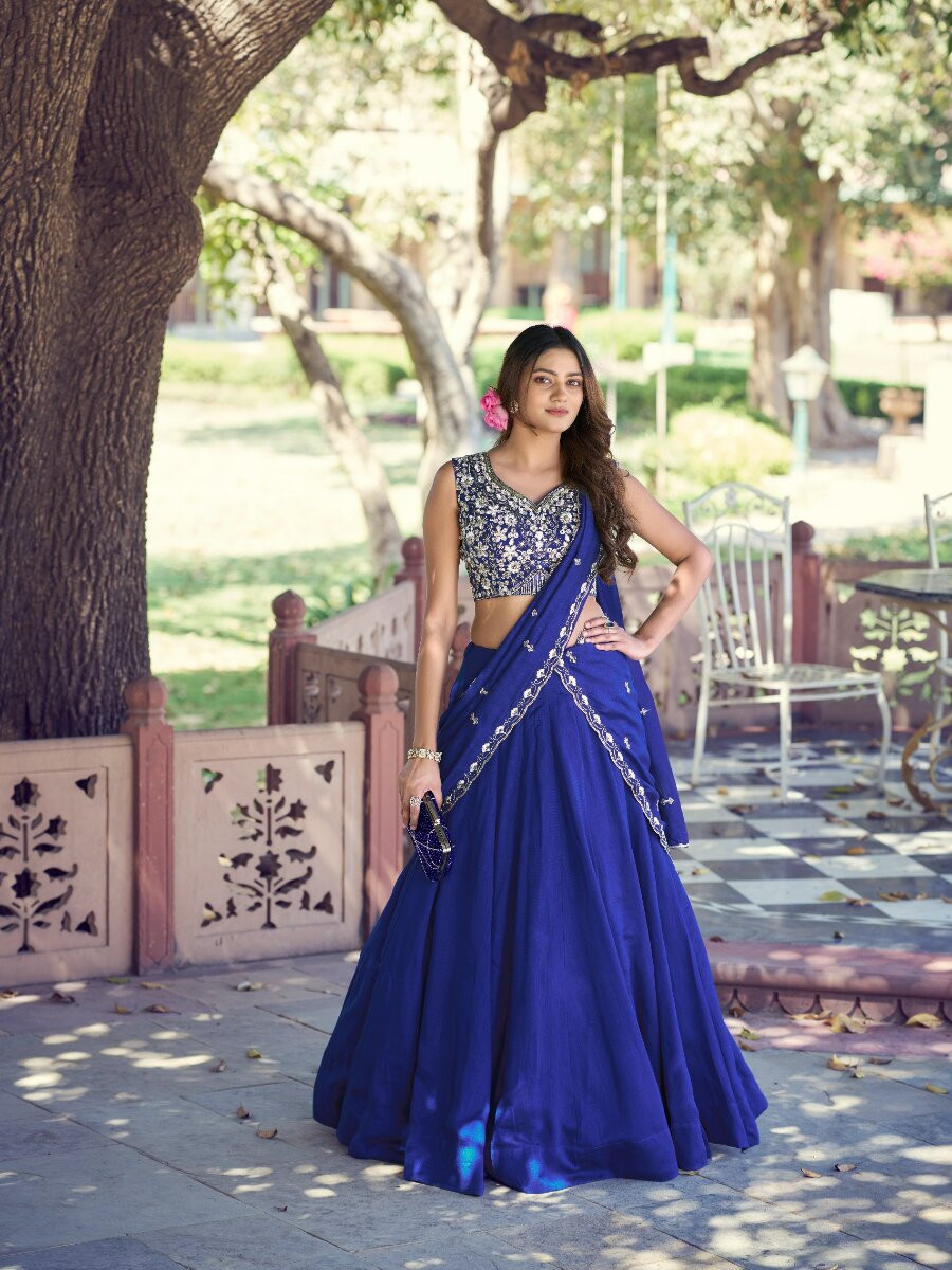 Royal Blue PCKashmiri Silk Embroidery Sequins Wedding Reception Party Festival Circular Lehenga Choli