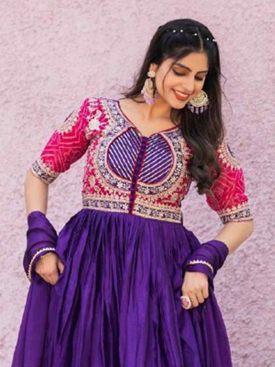 Royal Blue Pure Chinon Embroidered Festival Casual Gown