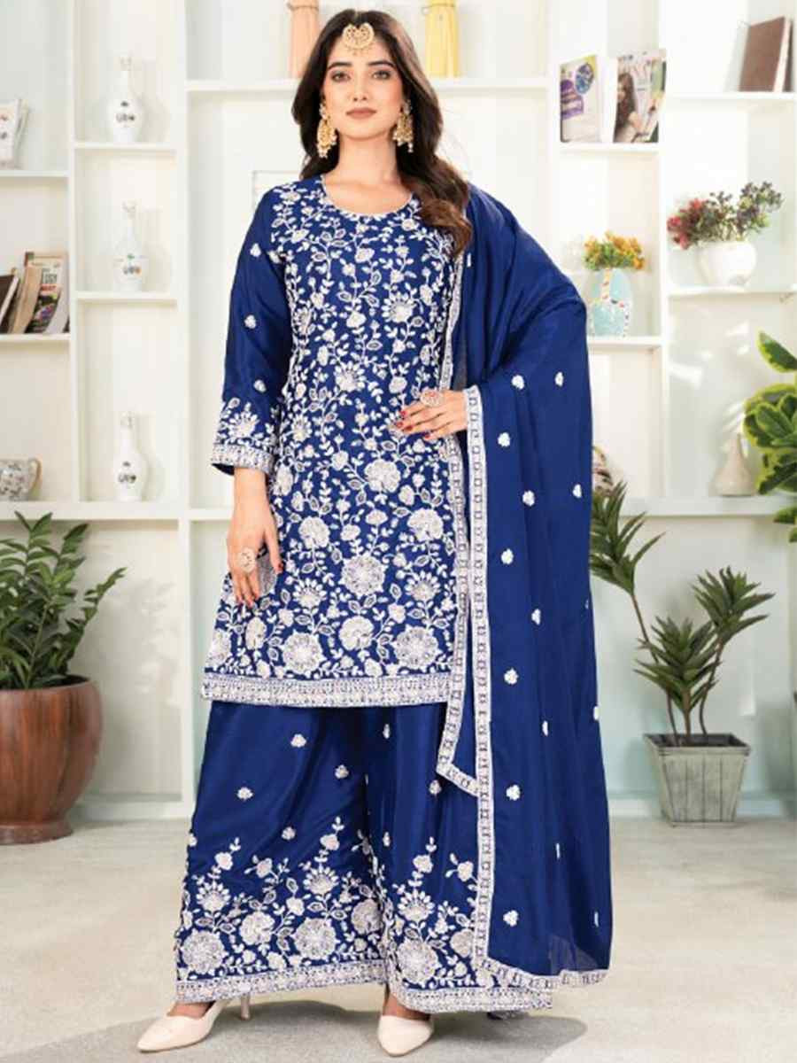Royal Blue Pure Heavy Chinnon Silk Embroidered Festival Casual Ready Palazzo Pant Salwar Kameez