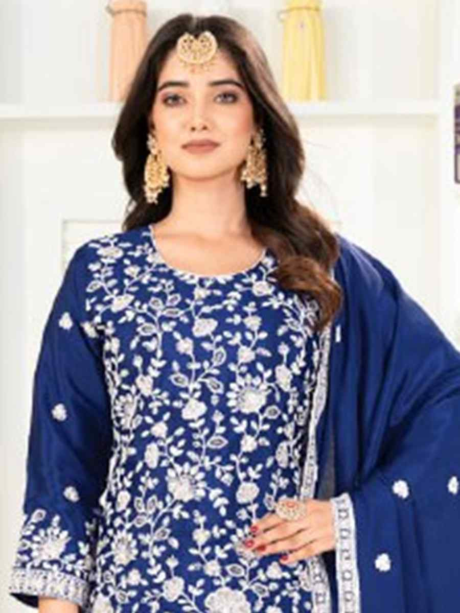 Royal Blue Pure Heavy Chinnon Silk Embroidered Festival Casual Ready Palazzo Pant Salwar Kameez
