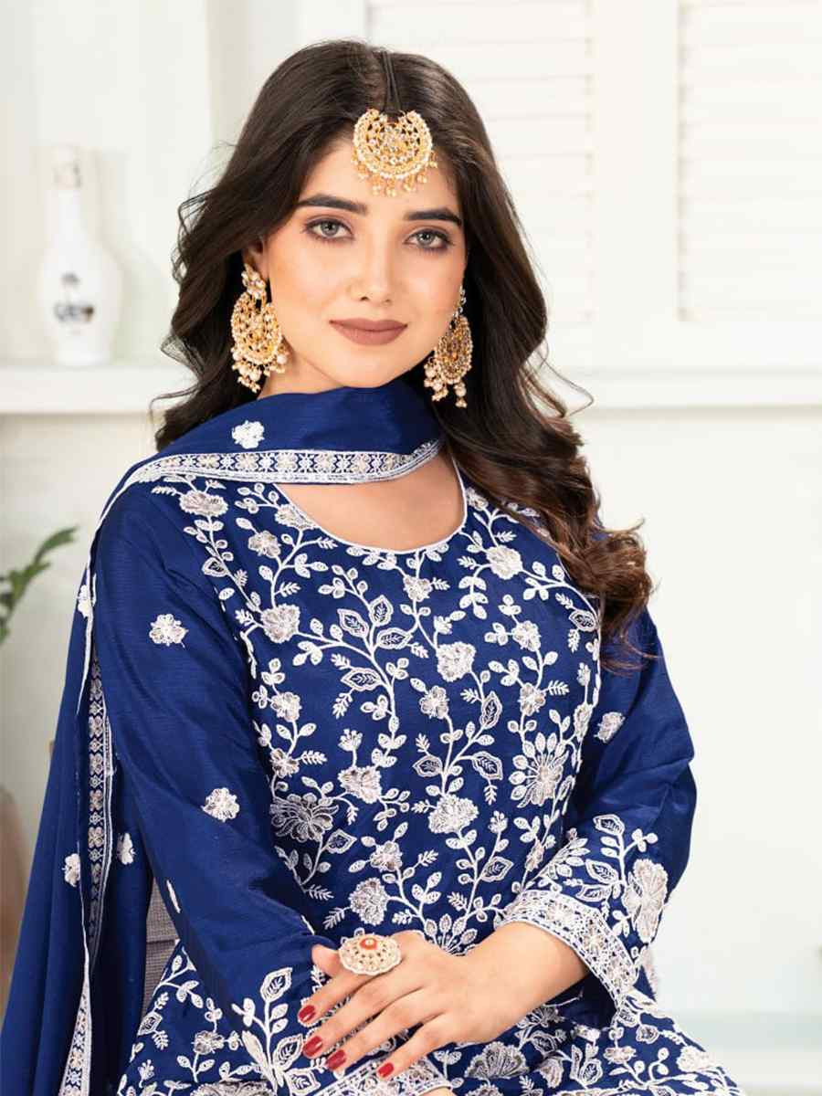 Royal Blue Pure Heavy Chinnon Silk Embroidered Festival Casual Ready Palazzo Pant Salwar Kameez