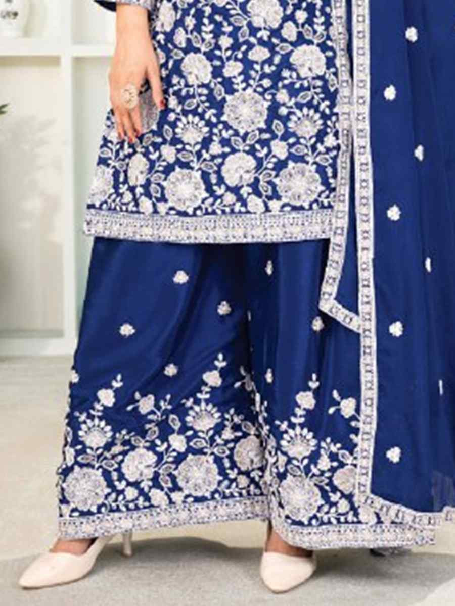 Royal Blue Pure Heavy Chinnon Silk Embroidered Festival Casual Ready Palazzo Pant Salwar Kameez