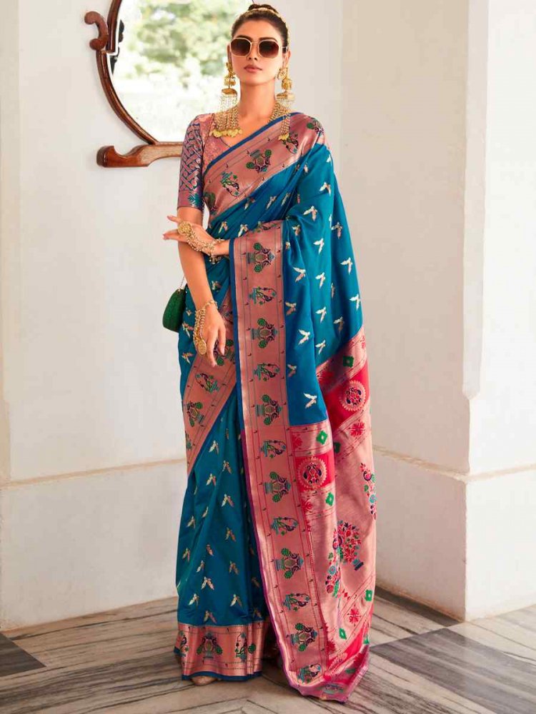 Royal Blue Pure Heavy Silk  Handwoven Wedding Festival Heavy Border Saree