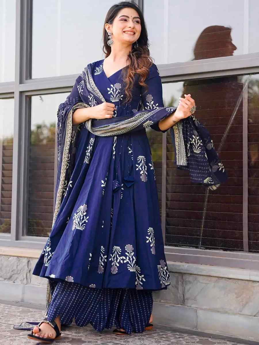 Royal Blue Pure MaslinPrinted Casual Festival Anarkali Salwar Kameez