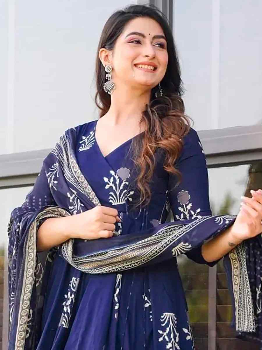 Royal Blue Pure MaslinPrinted Casual Festival Anarkali Salwar Kameez