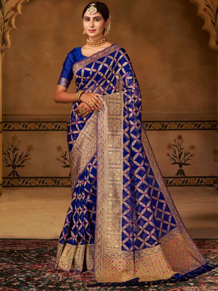 Royal Blue Pure Organza Silk Handwoven Wedding Festival Heavy Border Saree