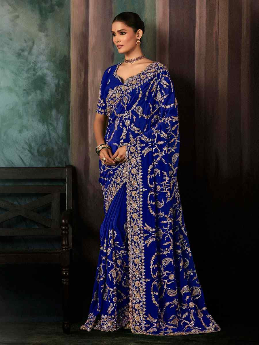 Royal Blue Pure Silk Embroidery Bridal Reception Festival Wedding Fancy Classic Heavy Border Saree
