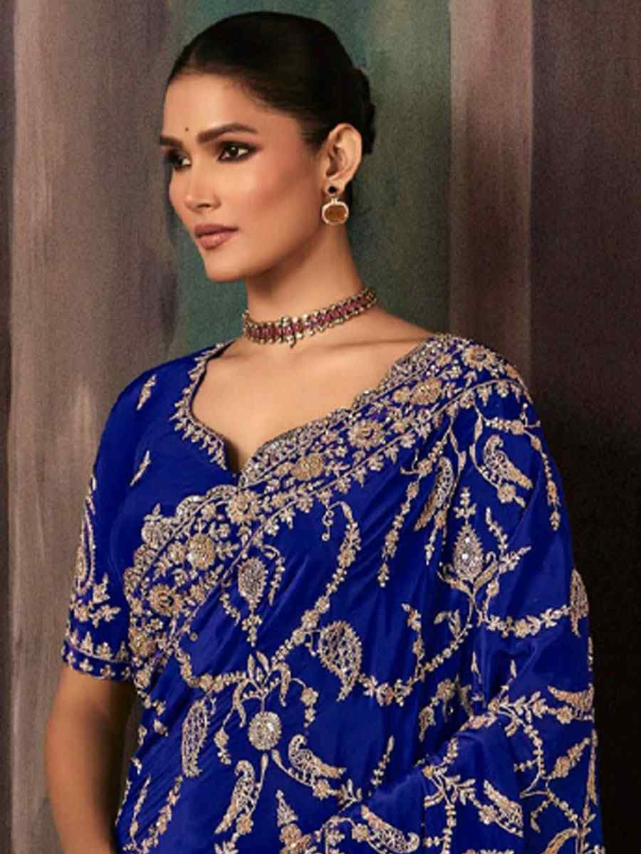 Royal Blue Pure Silk Embroidery Bridal Reception Festival Wedding Fancy Classic Heavy Border Saree