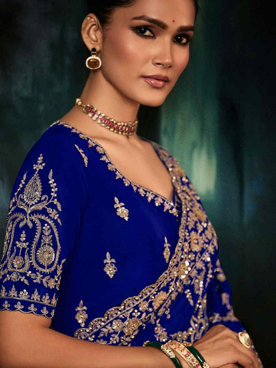 Royal Blue Pure Silk Embroidery Bridal Reception Festival Wedding Fancy Classic Heavy Border Saree