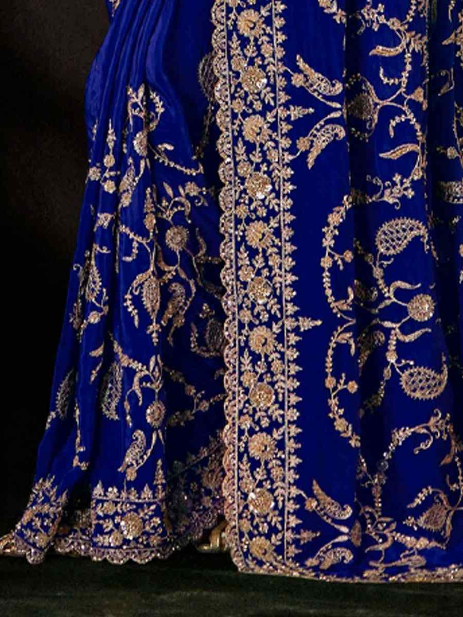 Royal Blue Pure Silk Embroidery Bridal Reception Festival Wedding Fancy Classic Heavy Border Saree