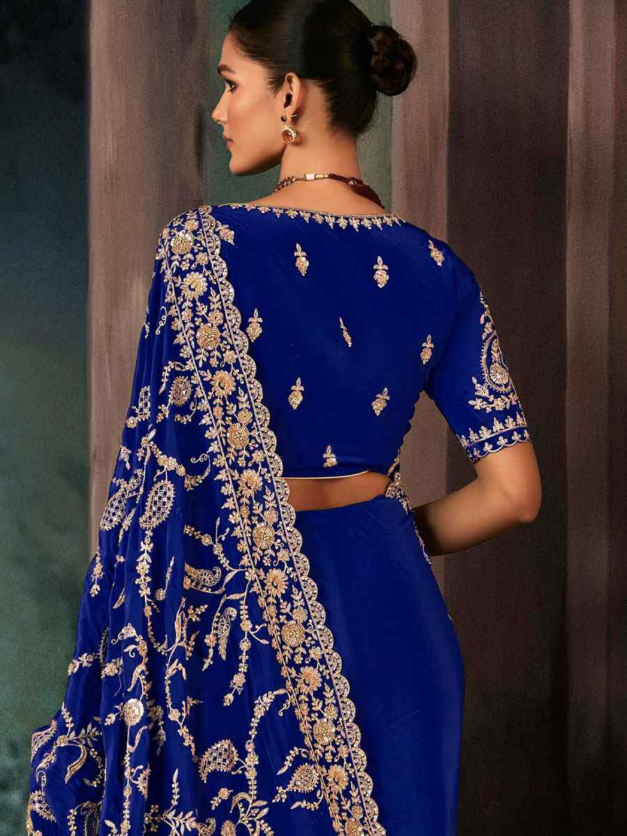 Royal Blue Pure Silk Embroidery Bridal Reception Festival Wedding Fancy Classic Heavy Border Saree