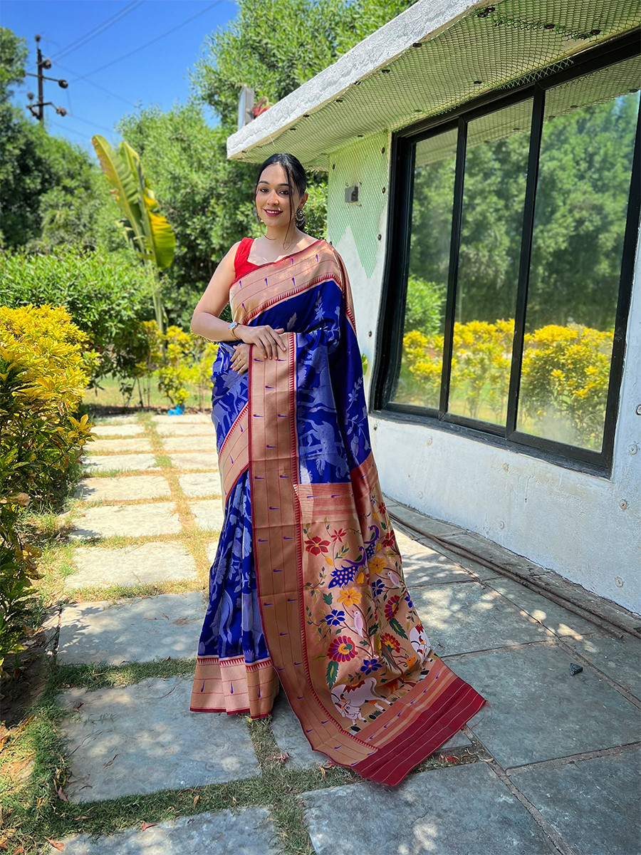 Royal Blue Pure Soft Paithani Silk Zari Wedding Reception Party Festival Casual Heavy Border Sarees