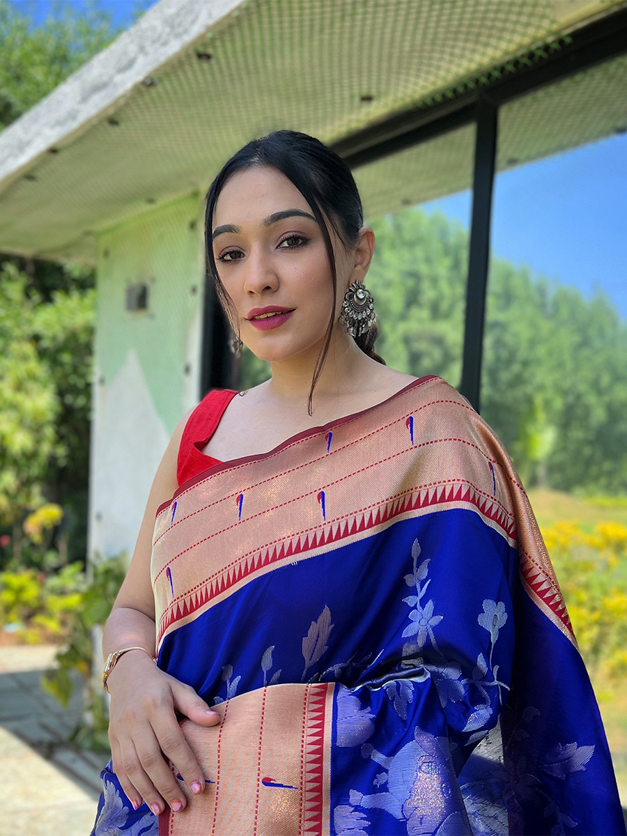 Royal Blue Pure Soft Paithani Silk Zari Wedding Reception Party Festival Casual Heavy Border Sarees