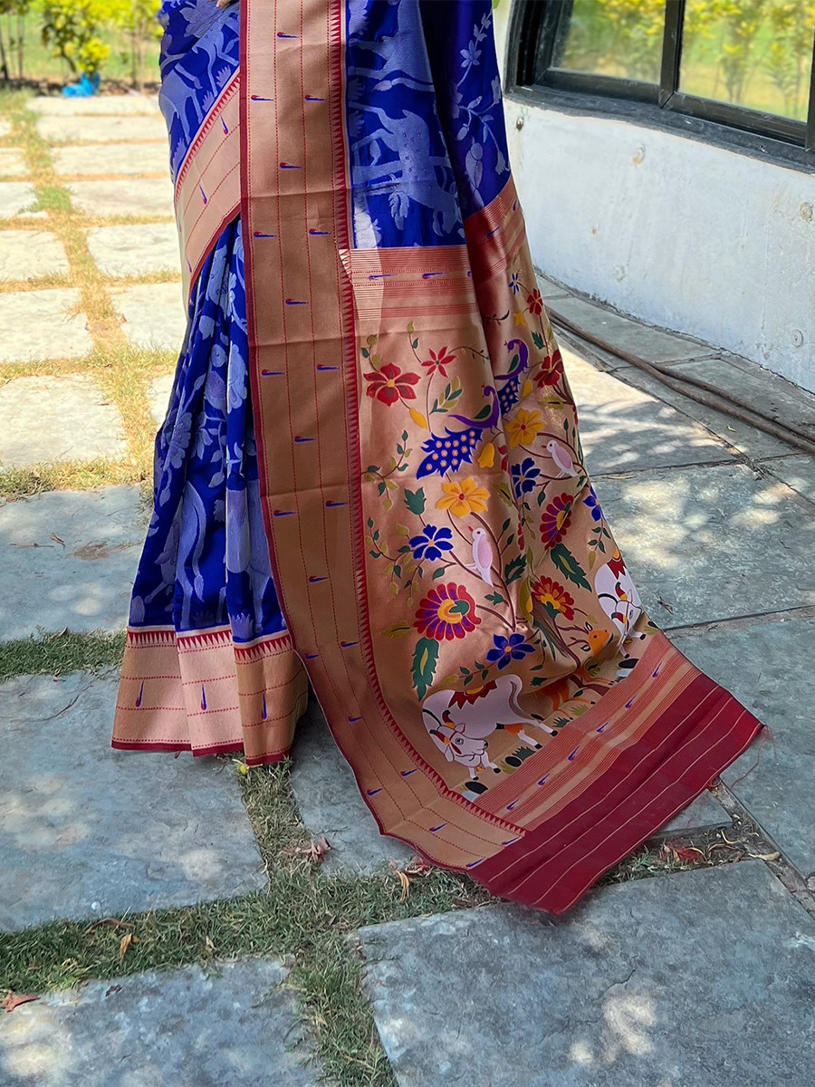 Royal Blue Pure Soft Paithani Silk Zari Wedding Reception Party Festival Casual Heavy Border Sarees