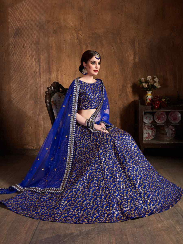 Image of Royal Blue Raw Silk Embroidered Wedding Reception Festival Heavy Border Lehenga Choli