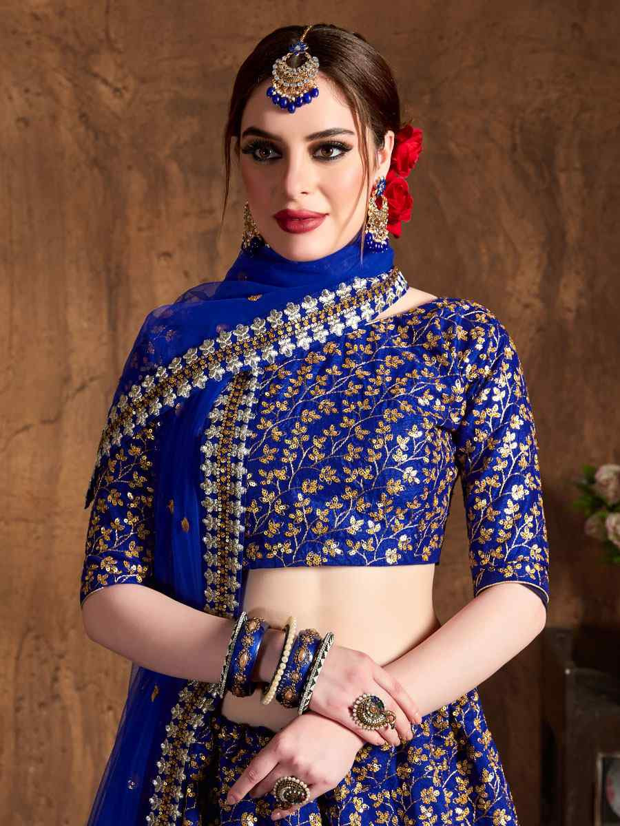 Royal Blue Raw Silk Embroidered Wedding Reception Festival Heavy Border Lehenga Choli