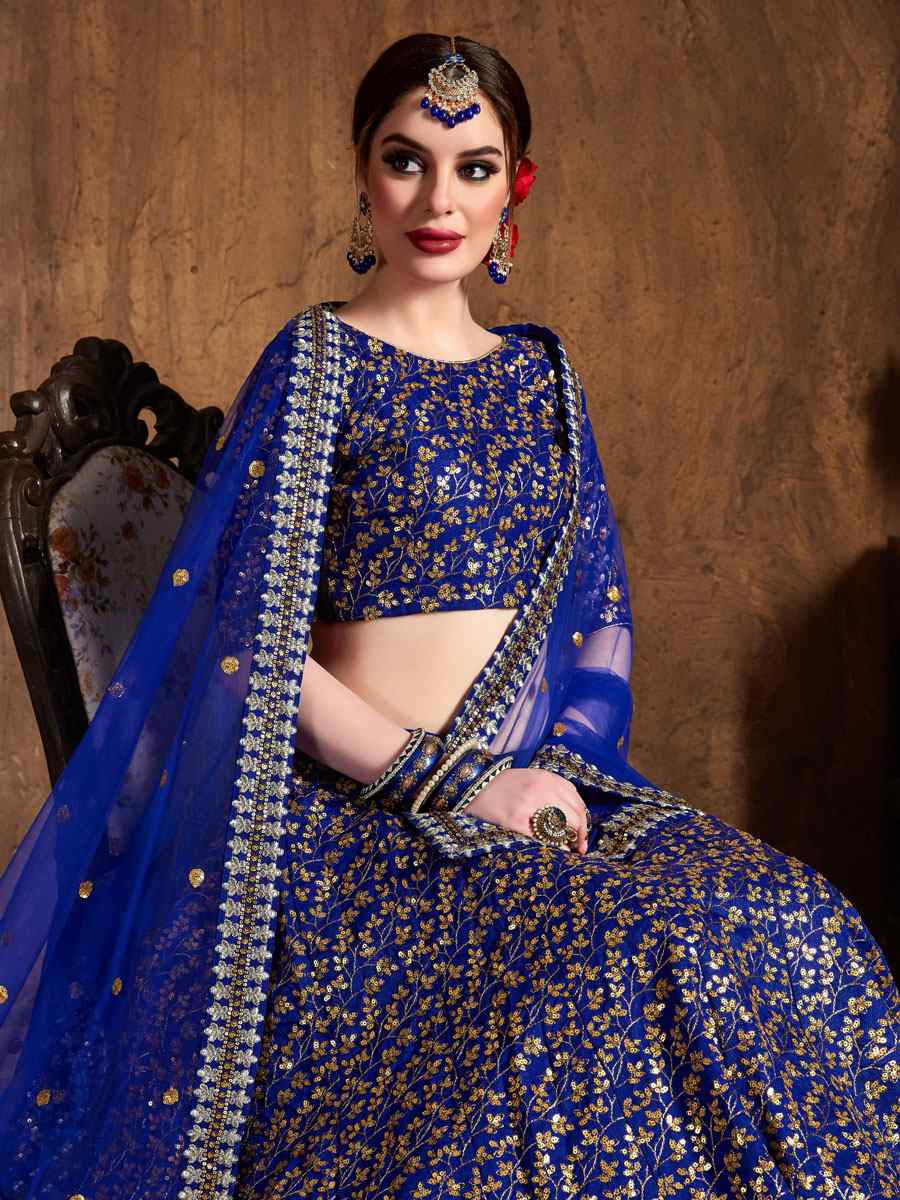 Royal Blue Raw Silk Embroidered Wedding Reception Festival Heavy Border Lehenga Choli