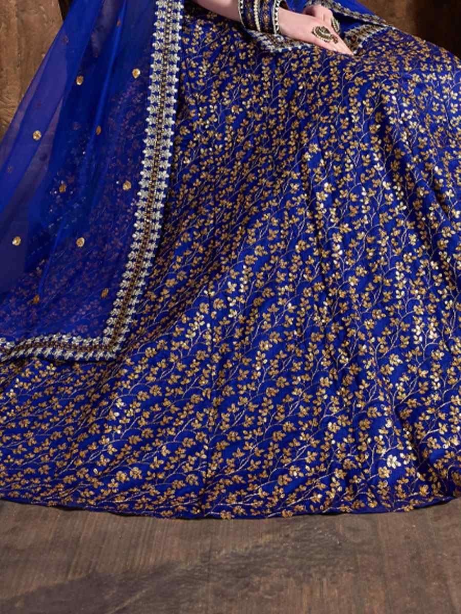 Royal Blue Raw Silk Embroidered Wedding Reception Festival Heavy Border Lehenga Choli