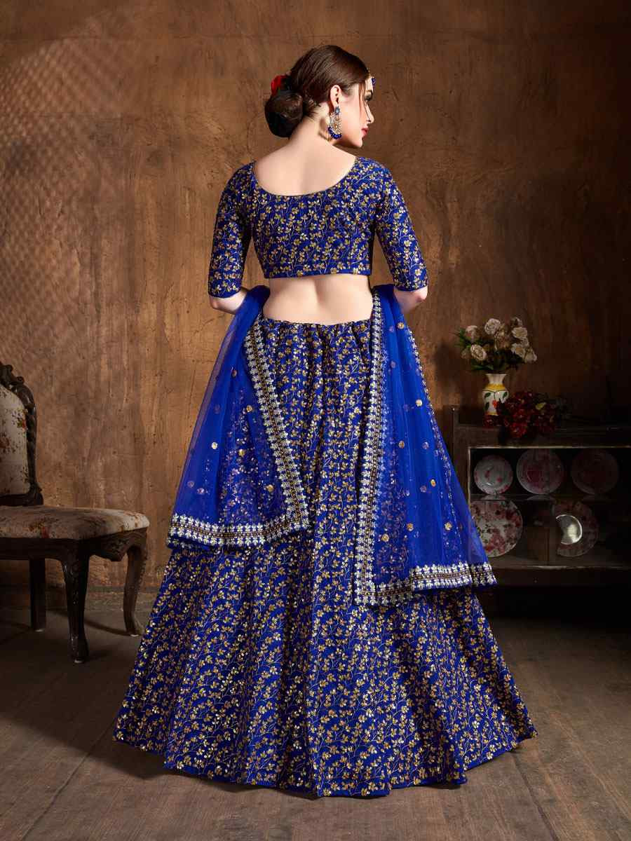 Royal Blue Raw Silk Embroidered Wedding Reception Festival Heavy Border Lehenga Choli