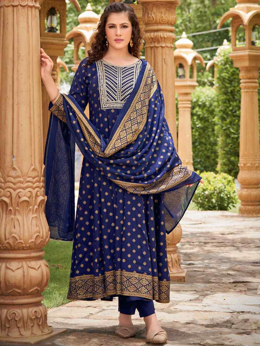 Royal Blue Rayon Embroidery Party Wedding Festival Casual Ready Anarkali Salwar Kameez