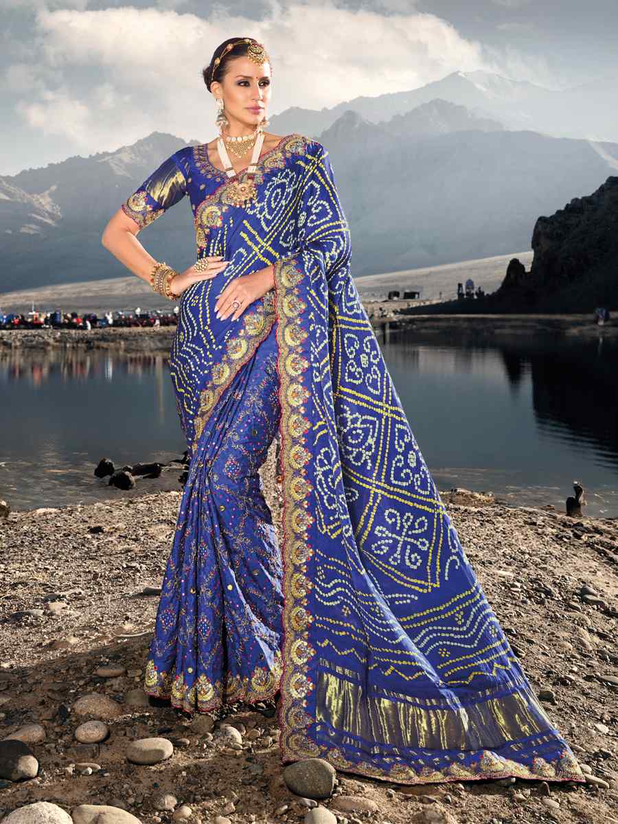 Royal Blue Real Silk Embroidered Wedding Bridal Heavy Border Saree