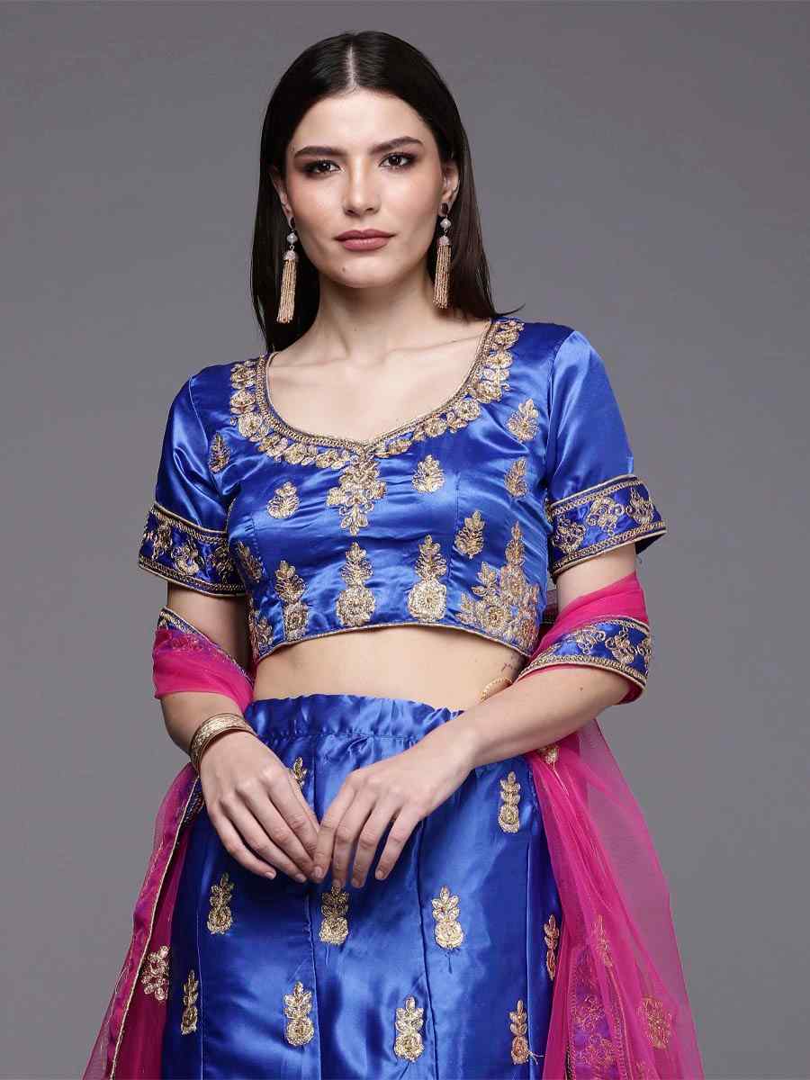 Royal Blue Satin Silk Embroidered Bridesmaid Heavy Border Lehenga Choli