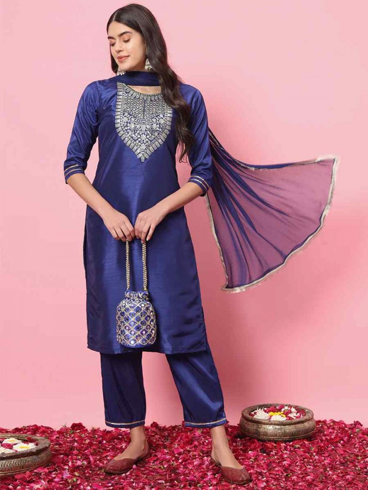 Royal Blue Silk Blend Embroidered Festival Casual Ready Pant Salwar Kameez