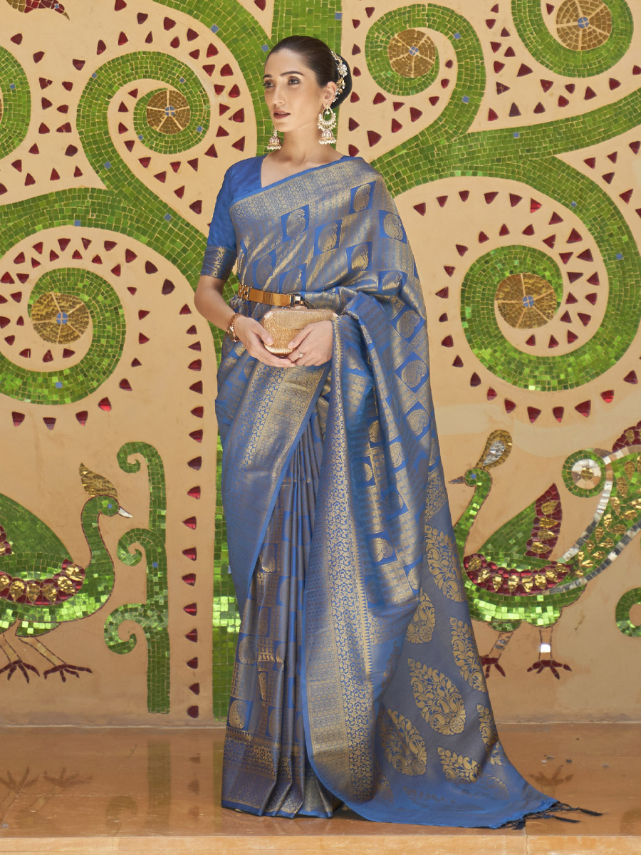 Royal Blue Silk Handwoven Wedding Festival Heavy Border Saree