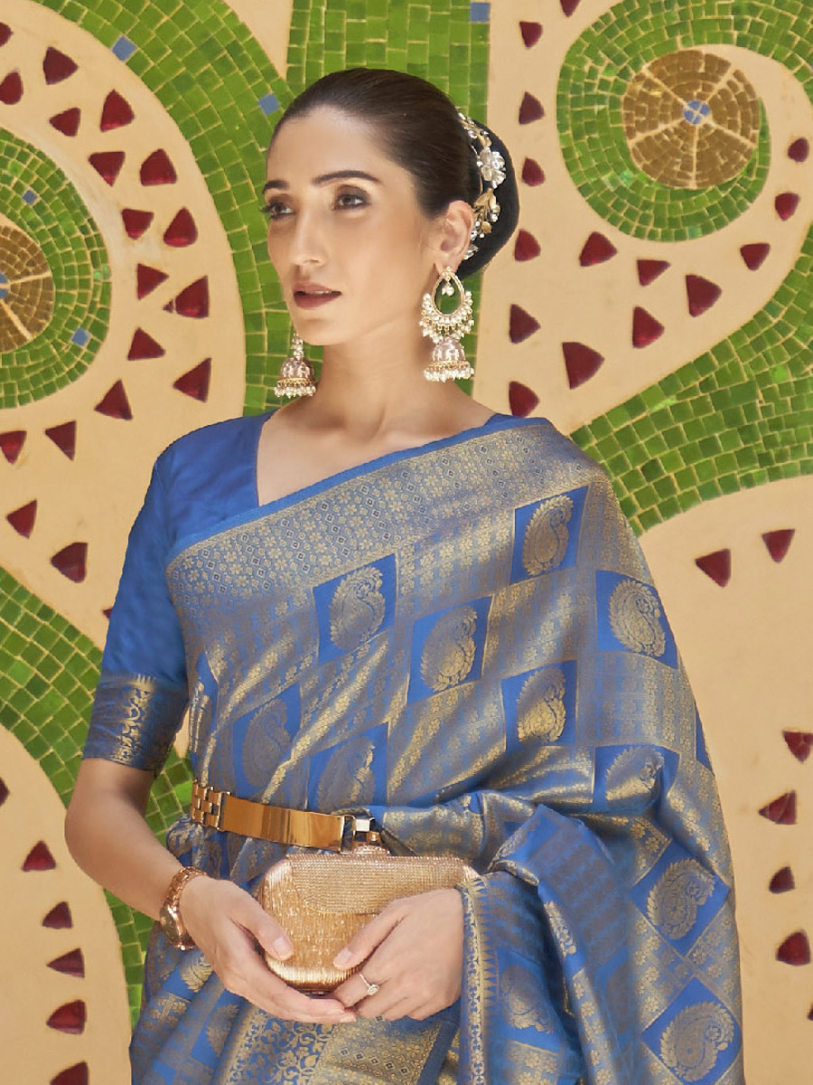Royal Blue Silk Handwoven Wedding Festival Heavy Border Saree