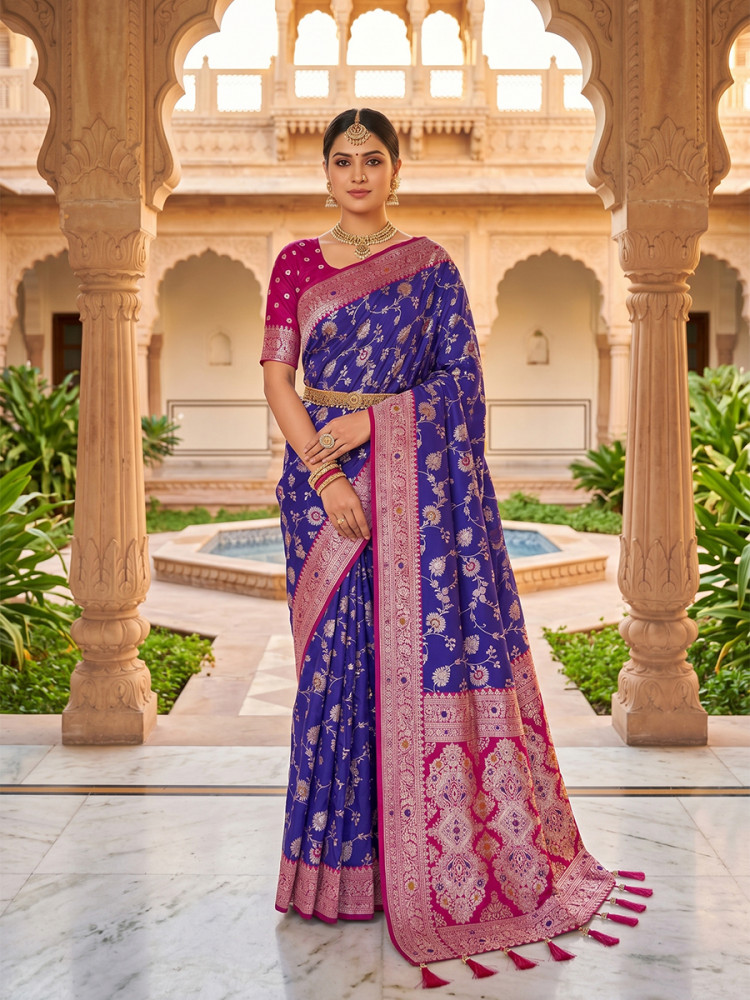 Image of Royal Blue Soft Banarasi Silk Zari Weaving Meenakari Touchup Wedding Reception Party Festival Casual Heavy Border Sarees