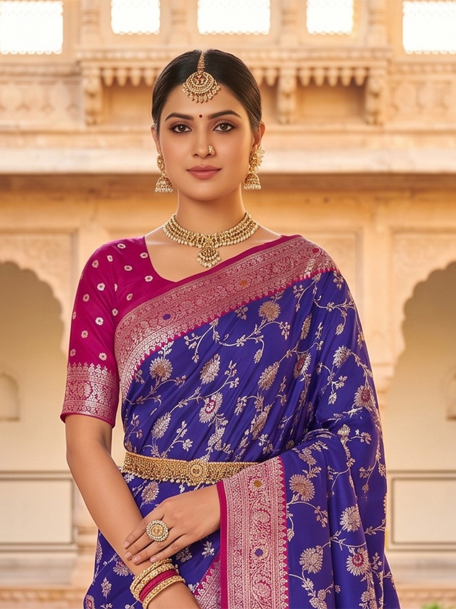 Royal Blue Soft Banarasi Silk Zari Weaving Meenakari Touchup Wedding Reception Party Festival Casual Heavy Border Sarees