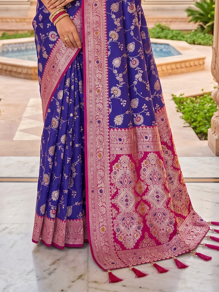 Royal Blue Soft Banarasi Silk Zari Weaving Meenakari Touchup Wedding Reception Party Festival Casual Heavy Border Sarees