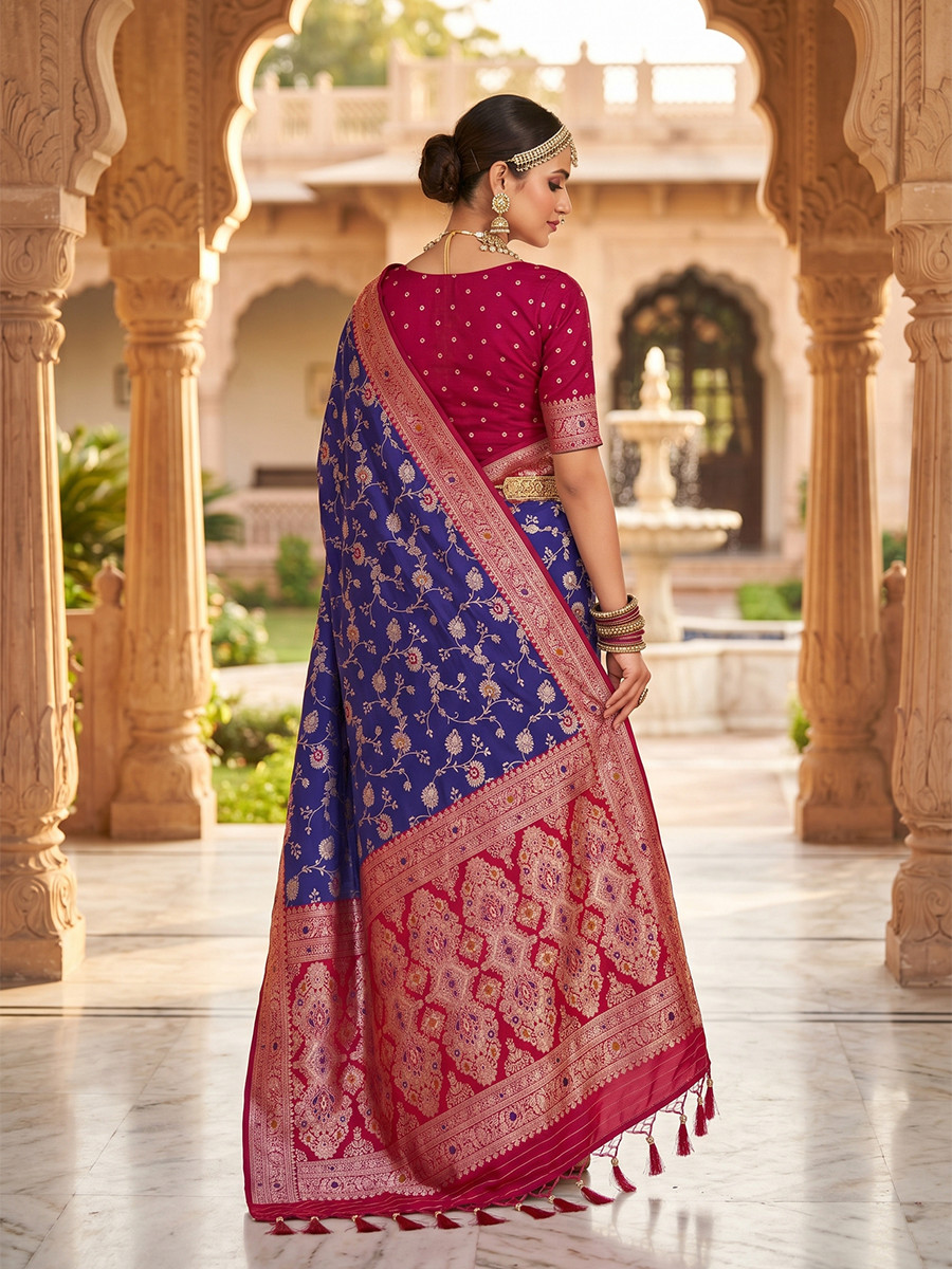 Royal Blue Soft Banarasi Silk Zari Weaving Meenakari Touchup Wedding Reception Party Festival Casual Heavy Border Sarees