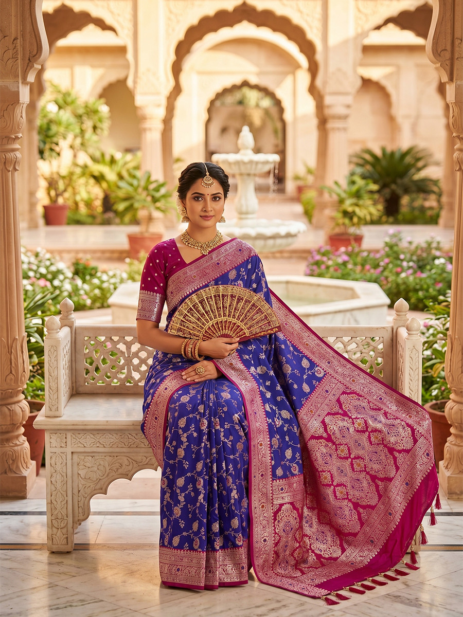 Royal Blue Soft Banarasi Silk Zari Weaving Meenakari Touchup Wedding Reception Party Festival Casual Heavy Border Sarees