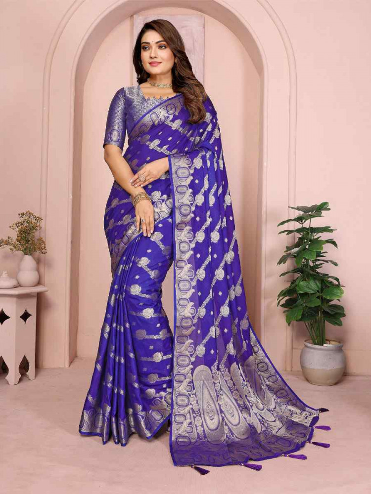 Image of Royal Blue Soft Georgette Silk Handwoven Festival Wedding Fancy Heavy Border Saree