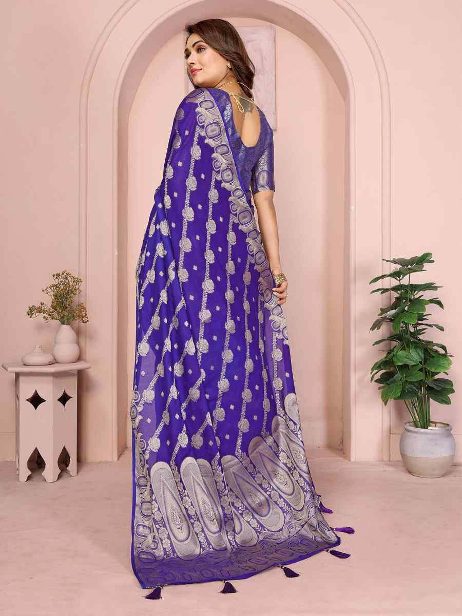 Royal Blue Soft Georgette Silk Handwoven Festival Wedding Fancy Heavy Border Saree