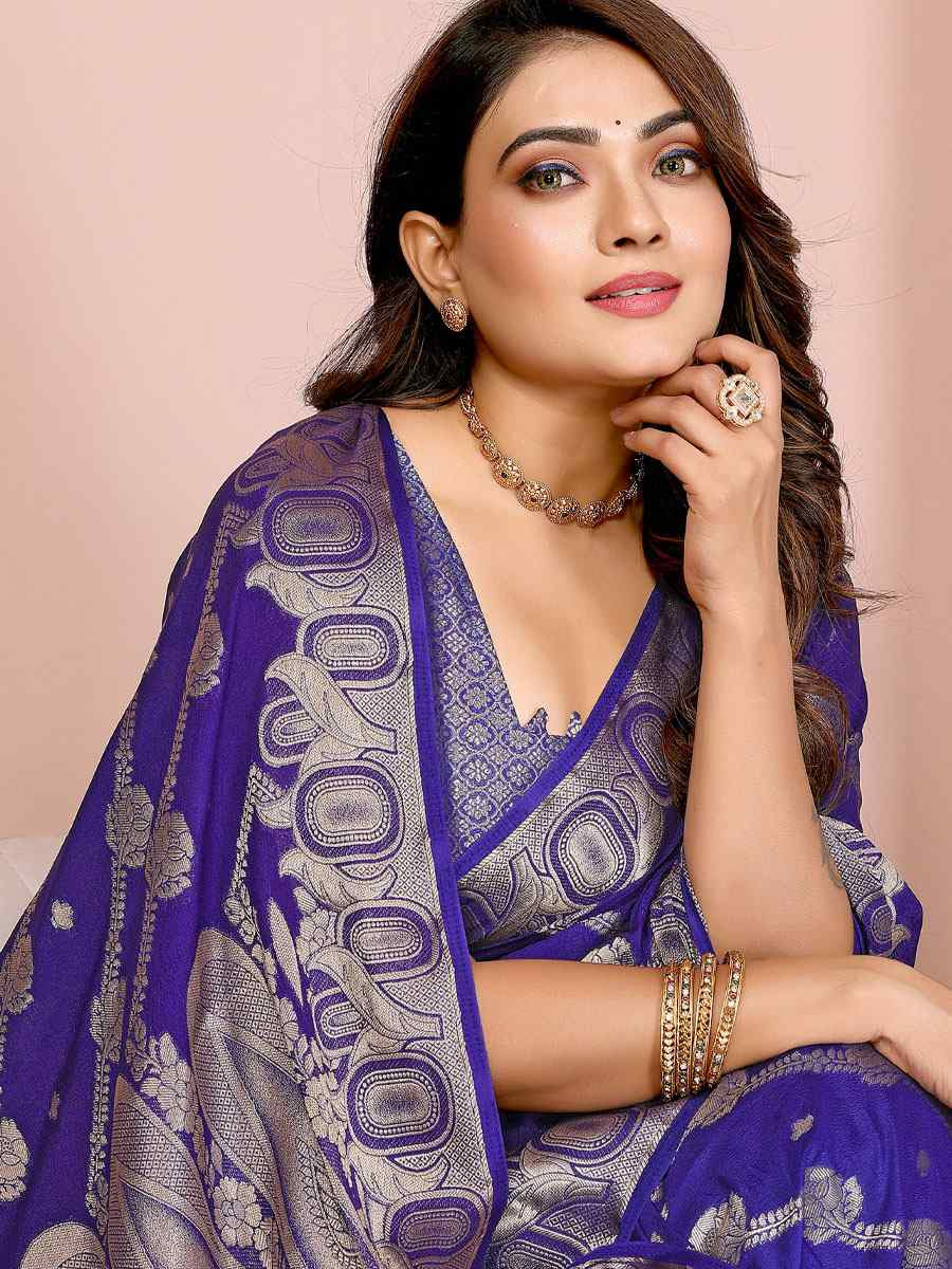 Royal Blue Soft Georgette Silk Handwoven Festival Wedding Fancy Heavy Border Saree