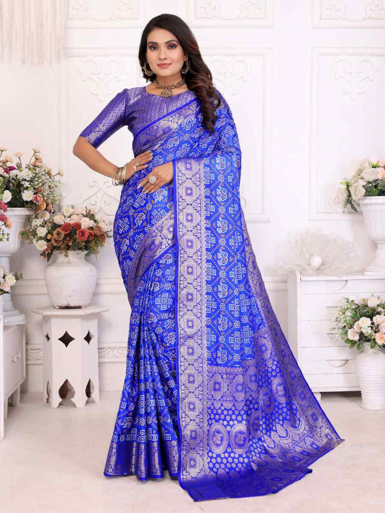 Image of Royal Blue Soft Satin Silk Handwoven Festival Wedding Fancy Heavy Border Saree