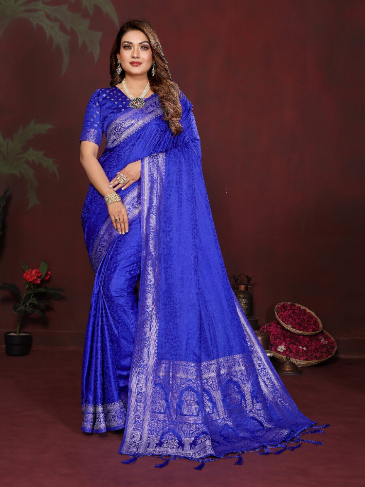 Image of Royal Blue Soft Satin Silk Zari Kanjivaram Wedding Reception Party Festival Heavy Border Sarees
