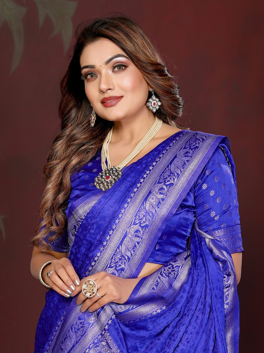 Royal Blue Soft Satin Silk Zari Kanjivaram Wedding Reception Party Festival Heavy Border Sarees