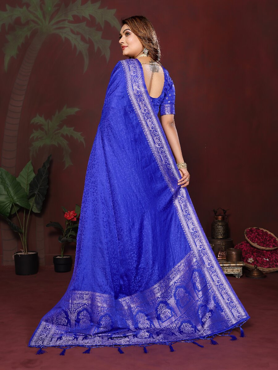 Royal Blue Soft Satin Silk Zari Kanjivaram Wedding Reception Party Festival Heavy Border Sarees