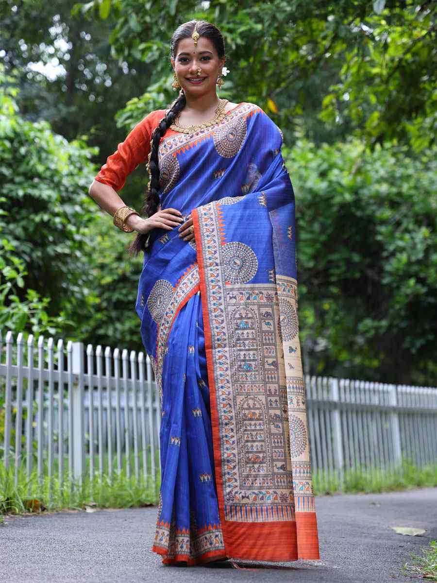 Royal Blue Soft Tussar Silk Printed Casual Reception Festival Wedding Fancy Heavy Border Saree